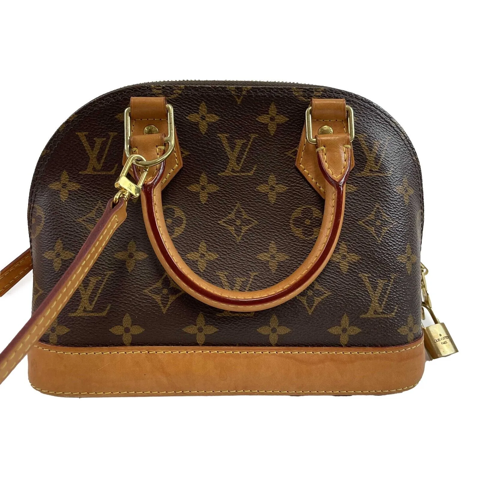 Louis Vuitton Alma Monogram Canvas BB Brown Good Handbag Crossbody Bag W/ Lock & Key