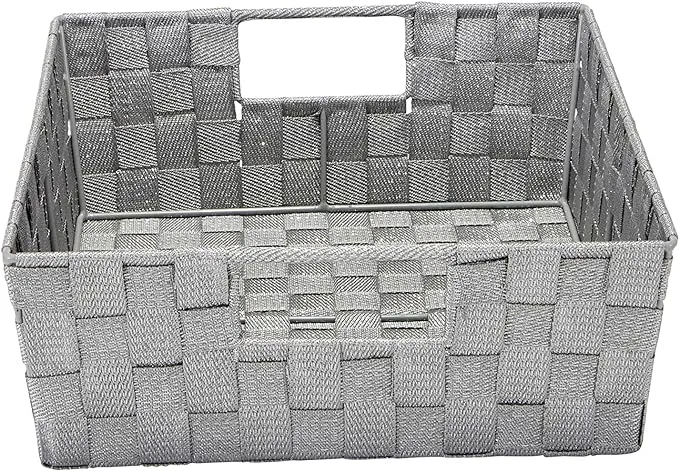 LUREX STRIPED WOVEN STRAP LARGE SHELF TOTE W/ OPEN HANDLES- 13x15x5-HEATHER GREY/ SILVER