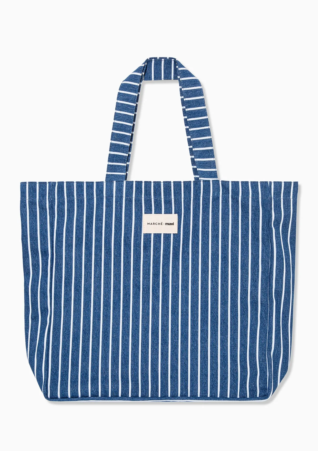 Marche X Mavi M Logo Printed Striped Shopper Bag