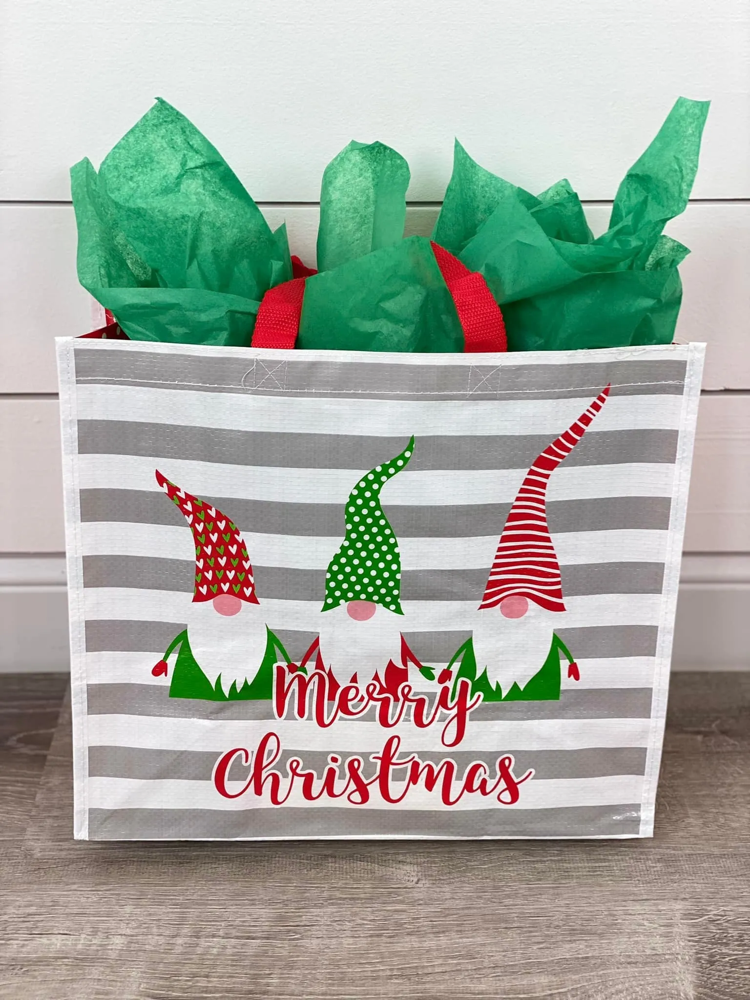 Merry Christmas Striped Gnome Reusable Tote Bag