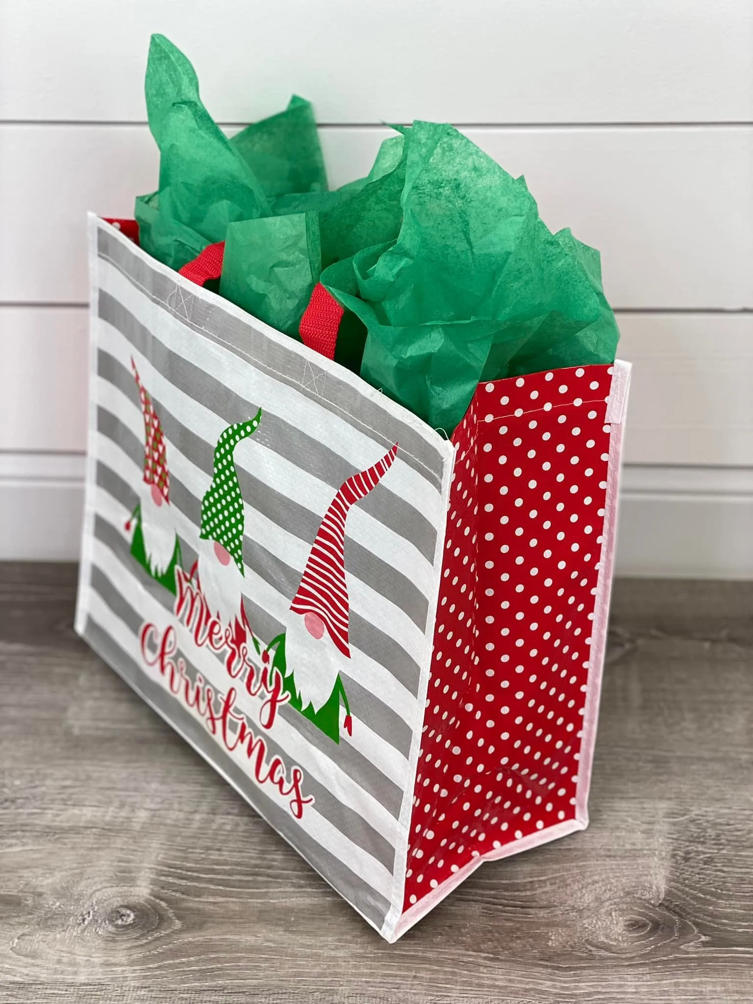Merry Christmas Striped Gnome Reusable Tote Bag