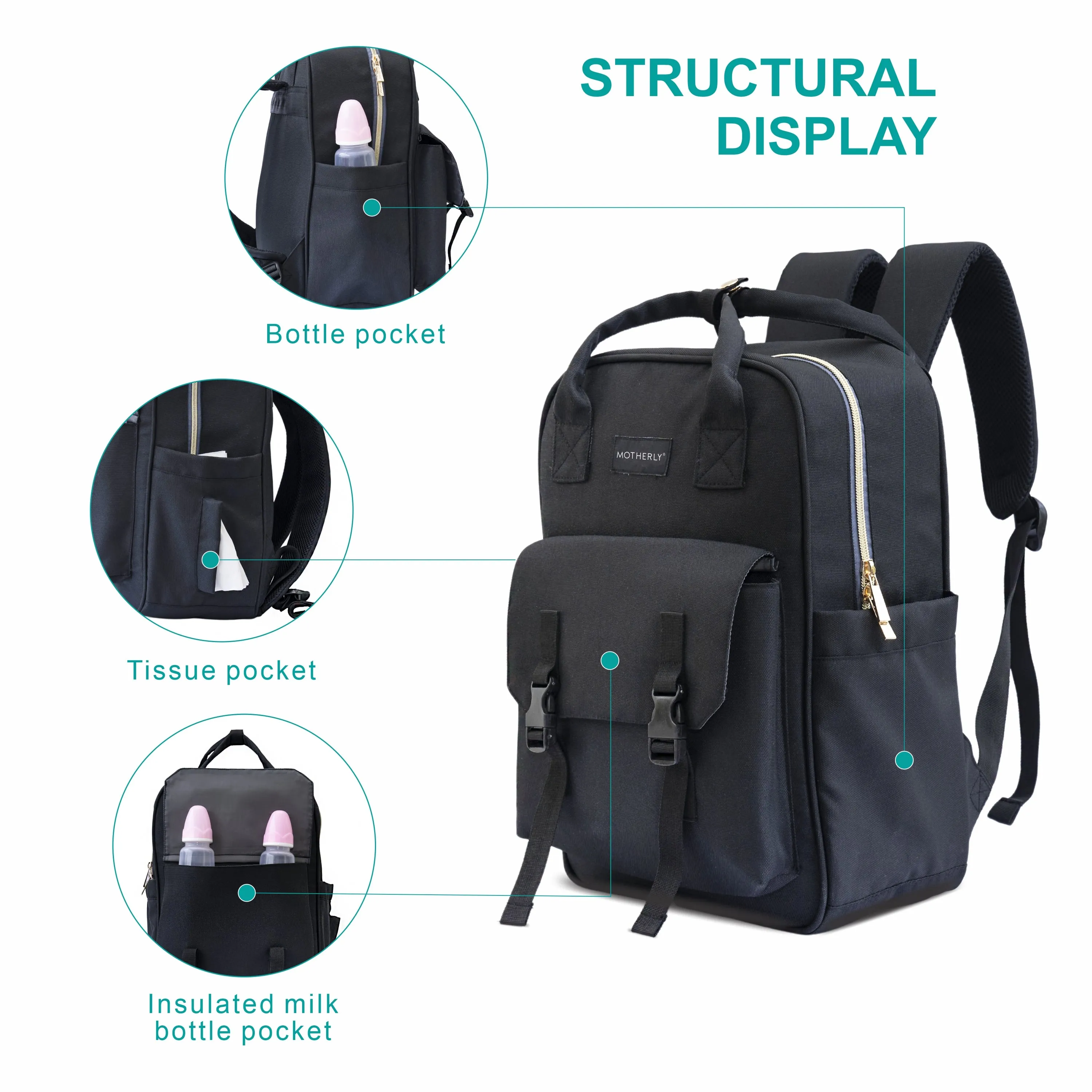 Motherly Solid Diaper Bag for Mothers for Travel, Maternity Bag for Newborn Baby, Mothers Travelling Bag, Multiple Pocket Water Resistant Baby Bag, Hospital Bag for moms (Black)
