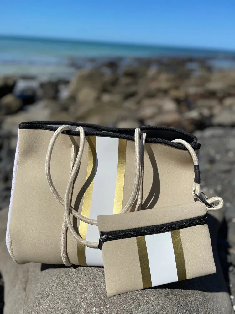 Neoprene Tote Bag – Vegan 2-Piece Set | Beige & Gold