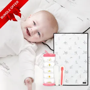 On-the-Go Essentials Bundle – Baby Travel Kit with Waterproof Mat, Silicone Spoon, Zoo Stackable Storage