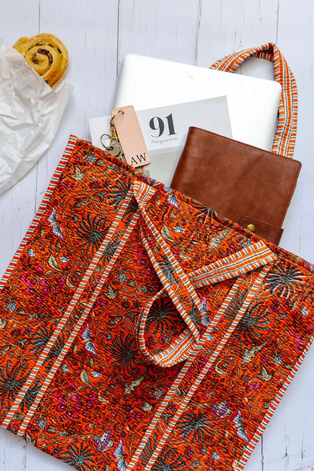 Orange Floral Large Cotton Tote Bag