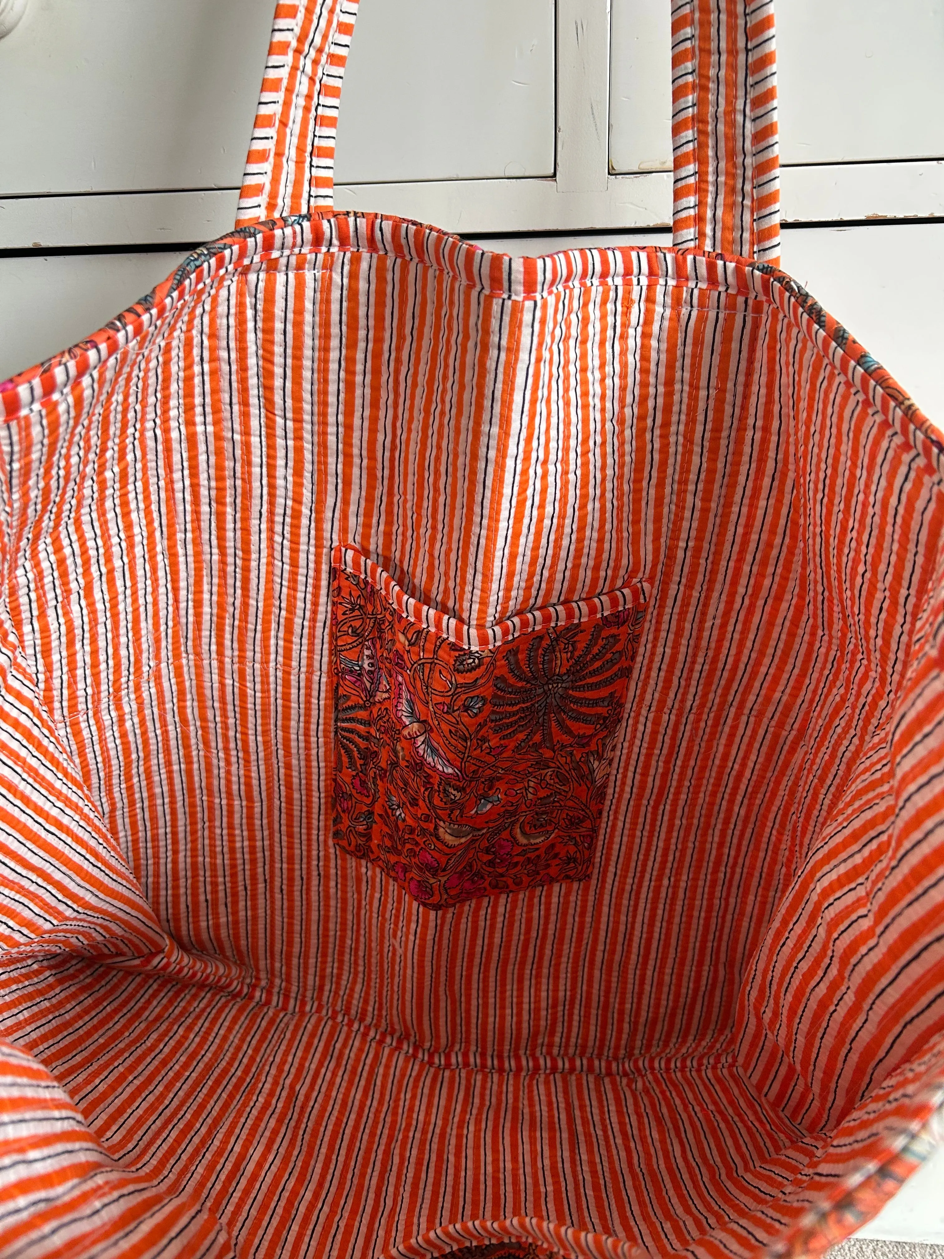 Orange Floral Large Cotton Tote Bag