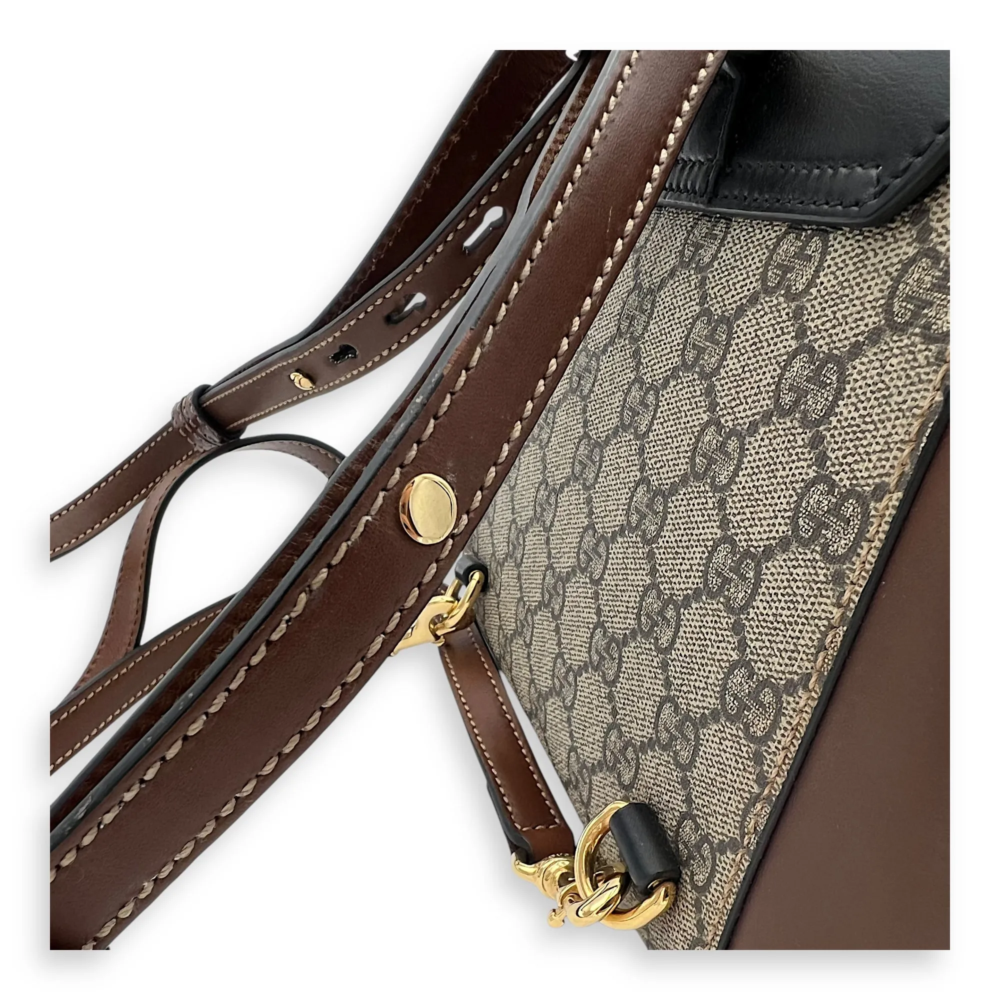 Padlock Backpack Brown in Coated Canvas, Gold hardware