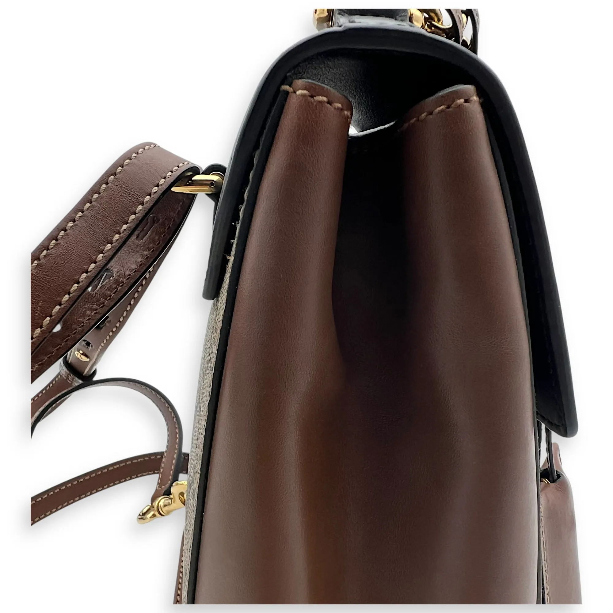 Padlock Backpack Brown in Coated Canvas, Gold hardware