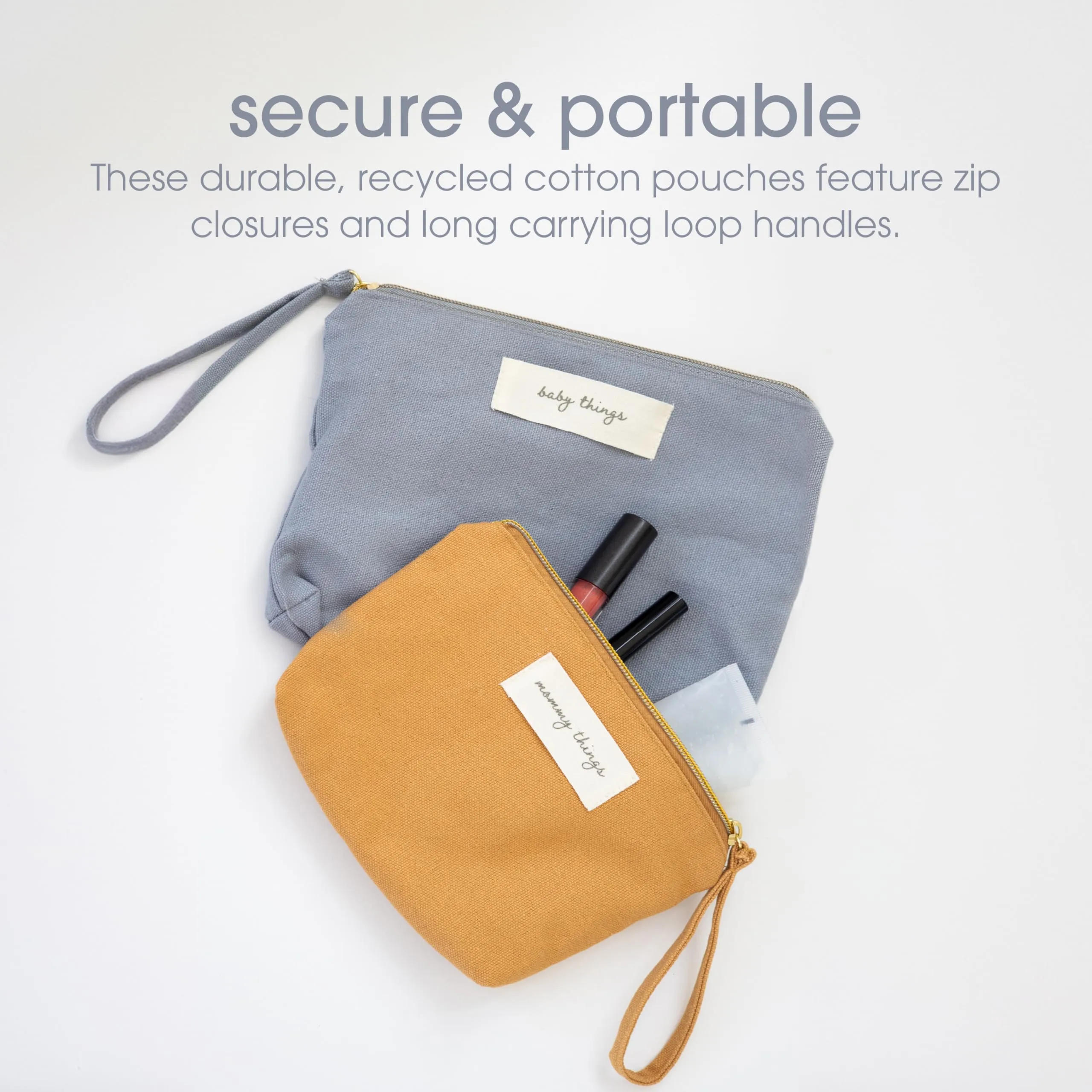 Pearhead Mom Things and Baby Things Pouch Set – Diaper Bag Storage Essentials, Neutral Cosmetic and Accessory Bags for New Mom and Newborn, Ideal Shower Gift Made from Recycled Cotton - Set of 2