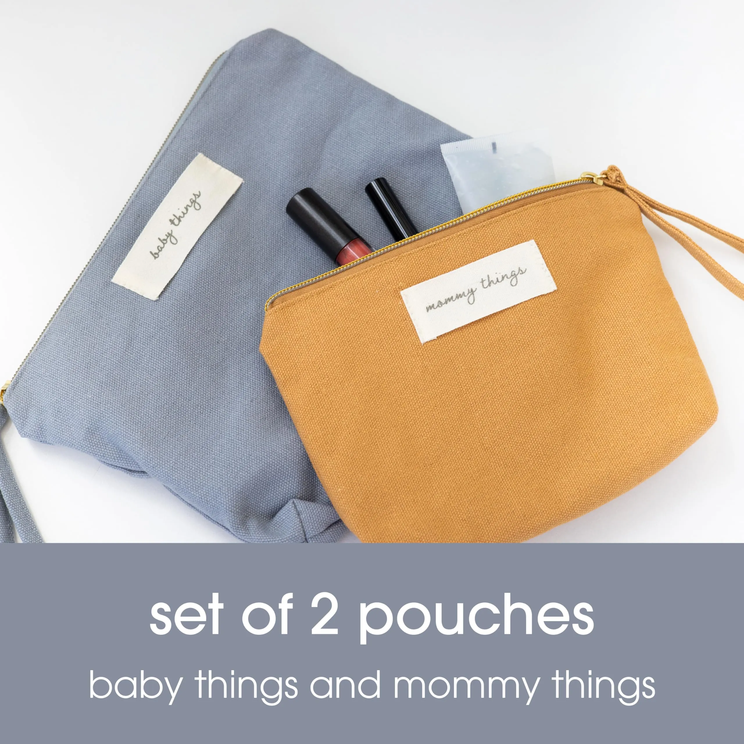 Pearhead Mom Things and Baby Things Pouch Set – Diaper Bag Storage Essentials, Neutral Cosmetic and Accessory Bags for New Mom and Newborn, Ideal Shower Gift Made from Recycled Cotton - Set of 2