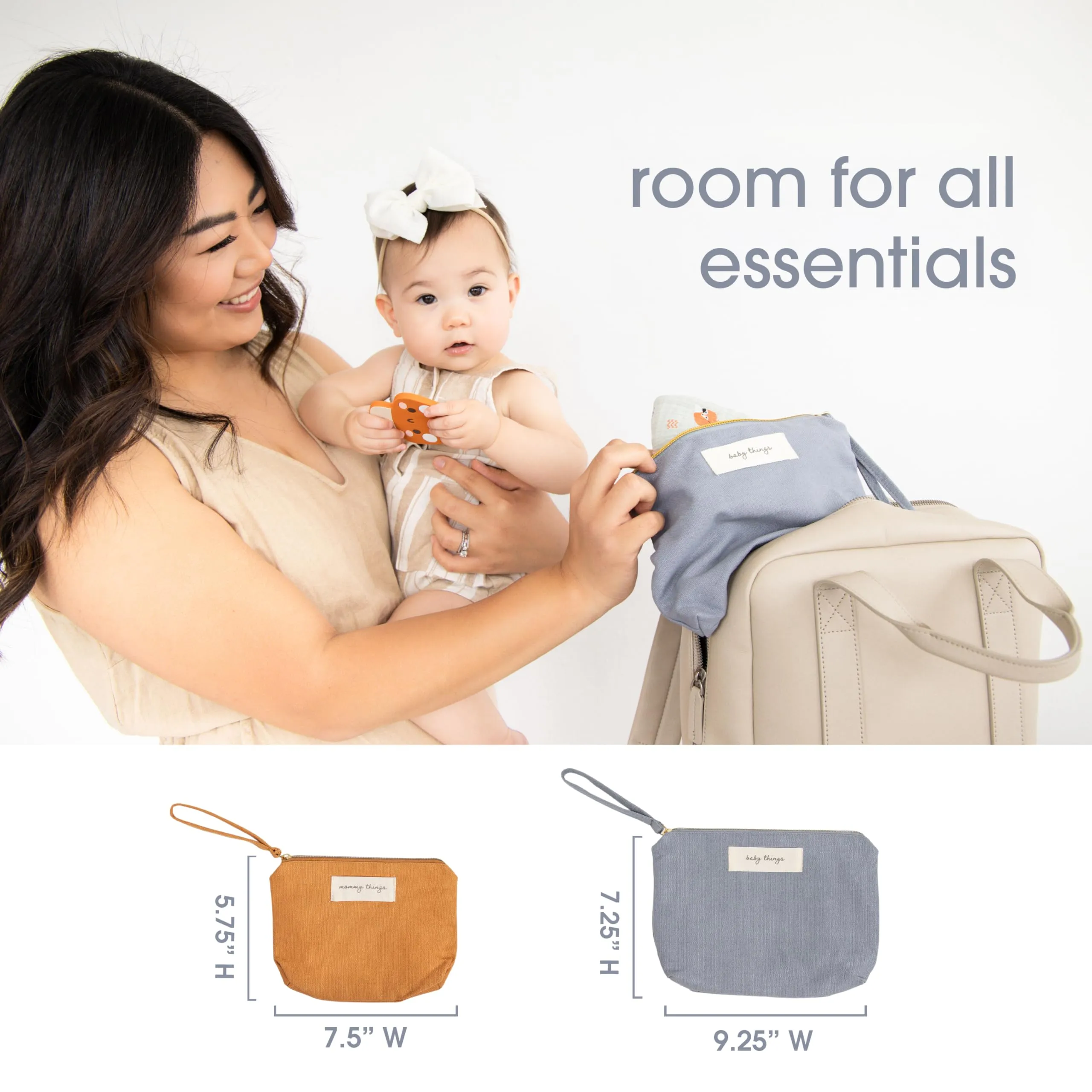 Pearhead Mom Things and Baby Things Pouch Set – Diaper Bag Storage Essentials, Neutral Cosmetic and Accessory Bags for New Mom and Newborn, Ideal Shower Gift Made from Recycled Cotton - Set of 2