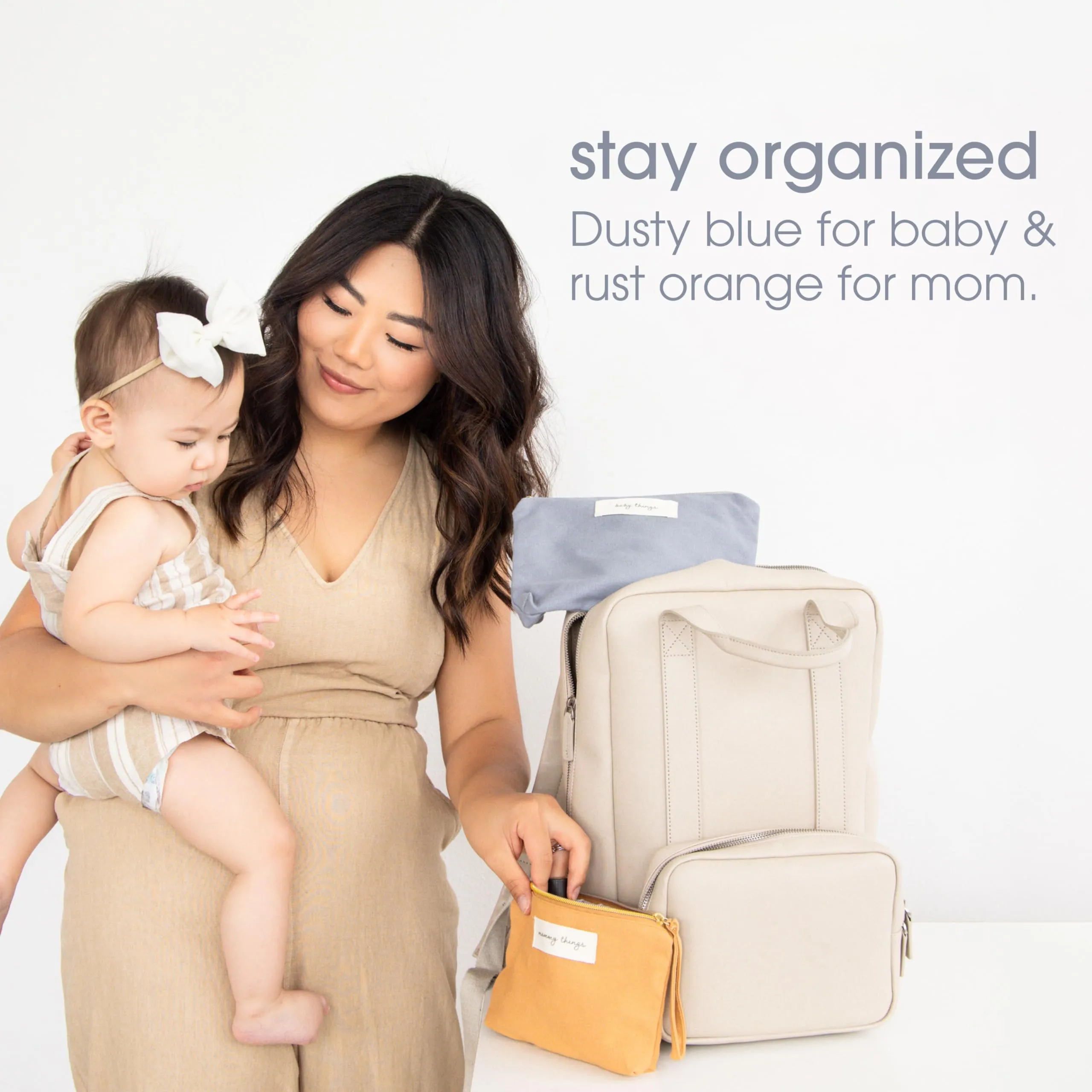 Pearhead Mom Things and Baby Things Pouch Set – Diaper Bag Storage Essentials, Neutral Cosmetic and Accessory Bags for New Mom and Newborn, Ideal Shower Gift Made from Recycled Cotton - Set of 2