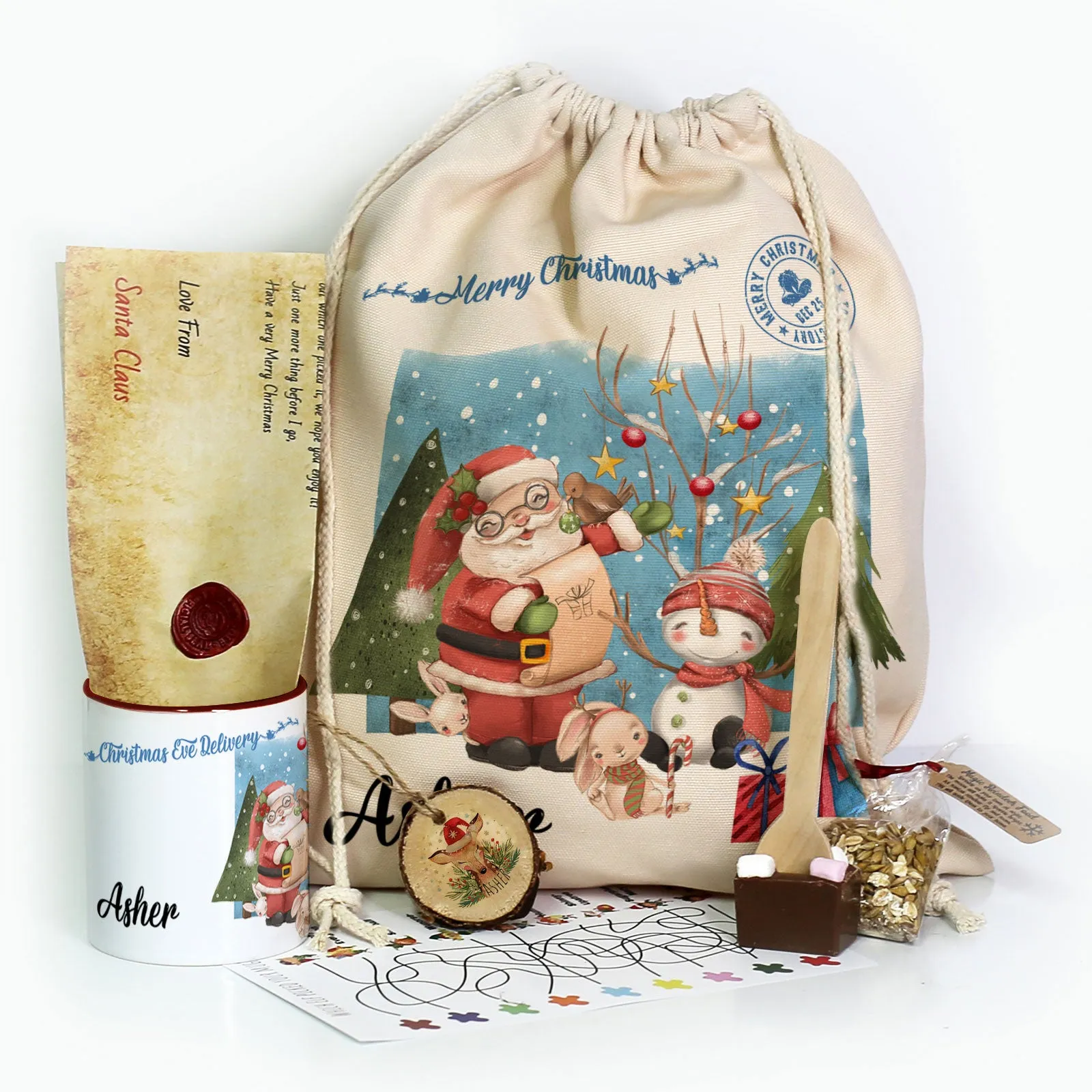 Personalised Christmas Gift Sack - Santa and the Snowmen