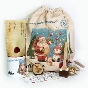 Personalised Christmas Gift Sack - Santa and the Snowmen