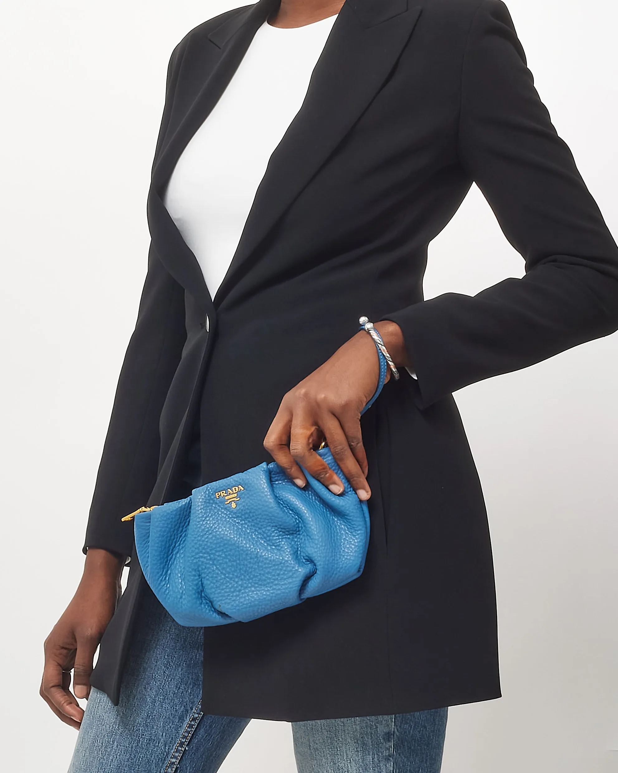 Prada Cobalt Blue Vitello Daino Leather Wristlet Pouch