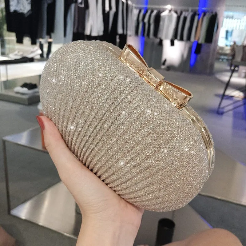 Premium Gold Glitter Bow Buckle Design Ladies Clutch