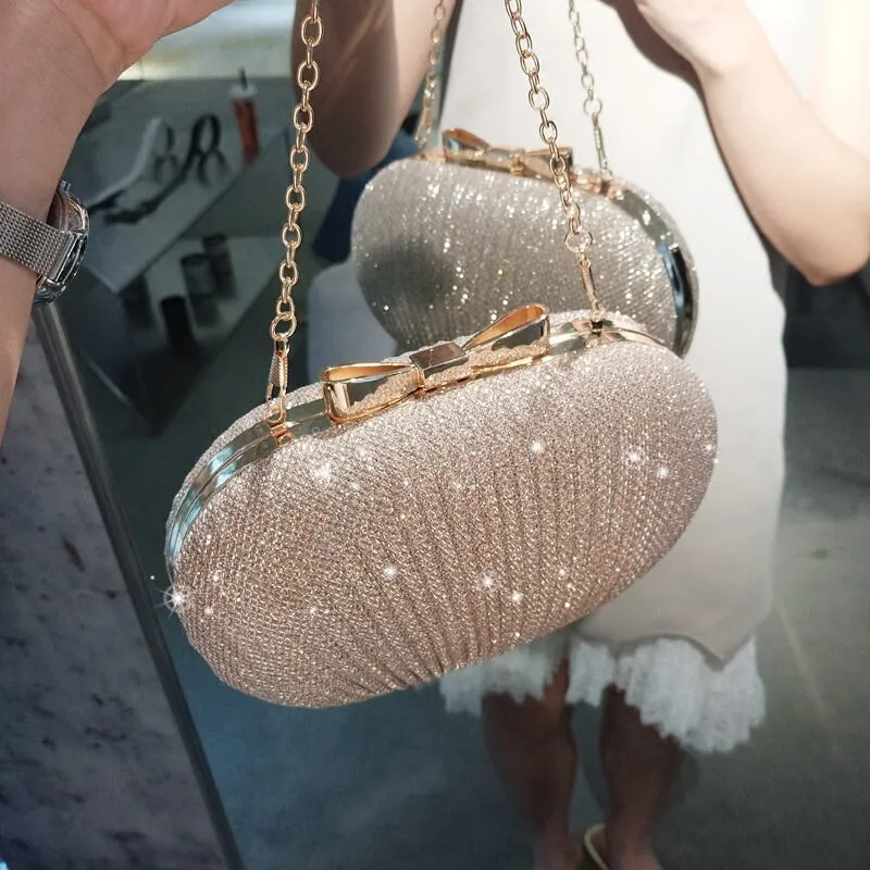 Premium Gold Glitter Bow Buckle Design Ladies Clutch