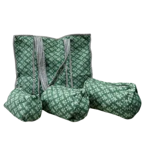 Quilted Tote Bag with Zipper and Quilted 3 piece toilery set- Green