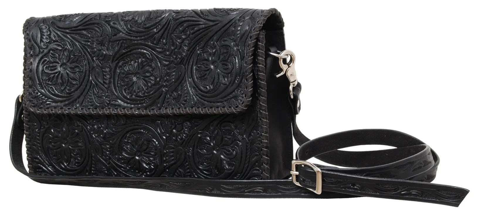 Rafter T Ranch Black Floral Tooled Crossbody Bag