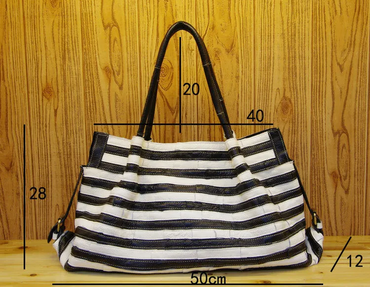 Real Leather Women's Black and White Striped Stitching Shoulder bag