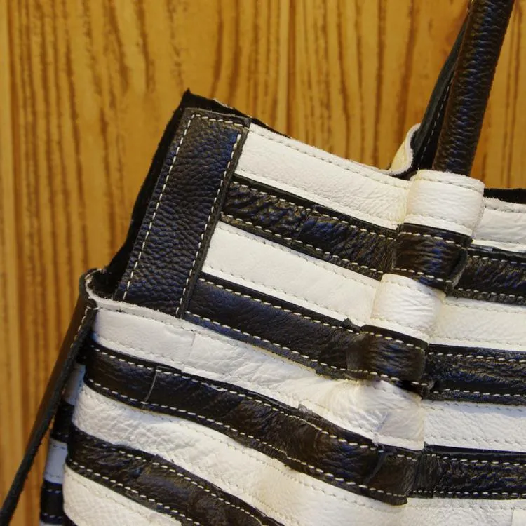 Real Leather Women's Black and White Striped Stitching Shoulder bag