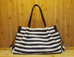 Real Leather Women's Black and White Striped Stitching Shoulder bag