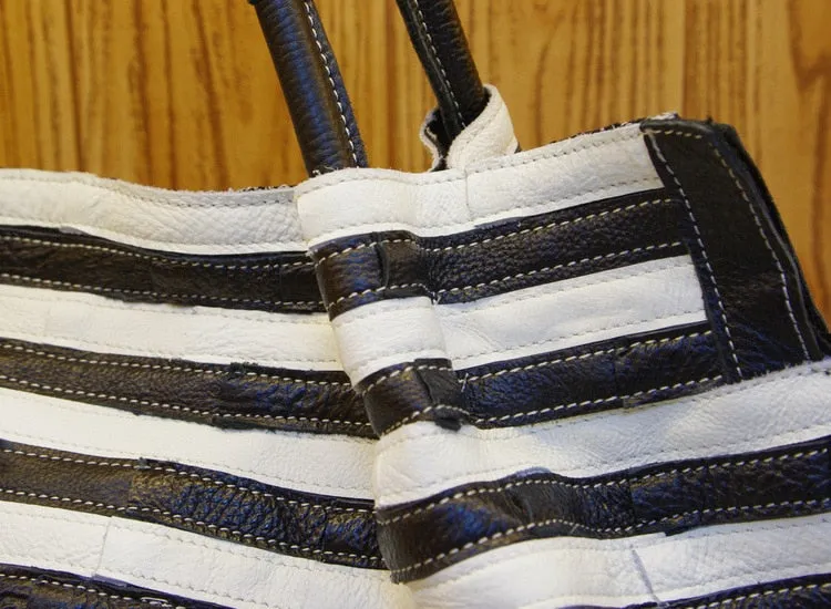 Real Leather Women's Black and White Striped Stitching Shoulder bag