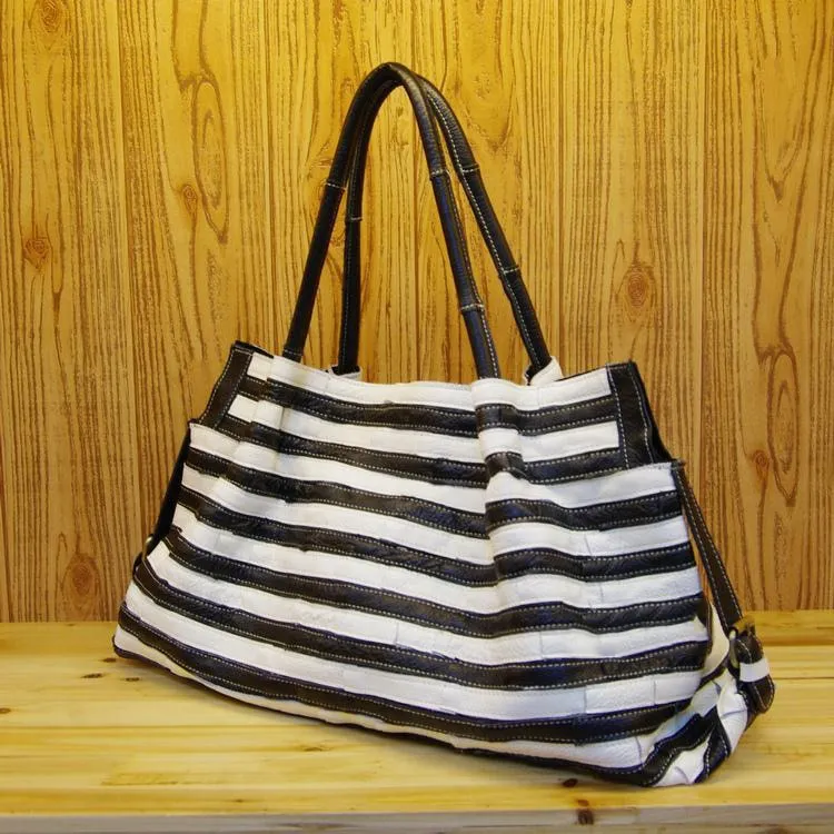 Real Leather Women's Black and White Striped Stitching Shoulder bag