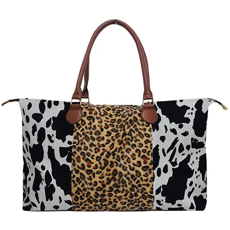 !SALE! Black Cow With Leopard Faux Fur Weekender Bag