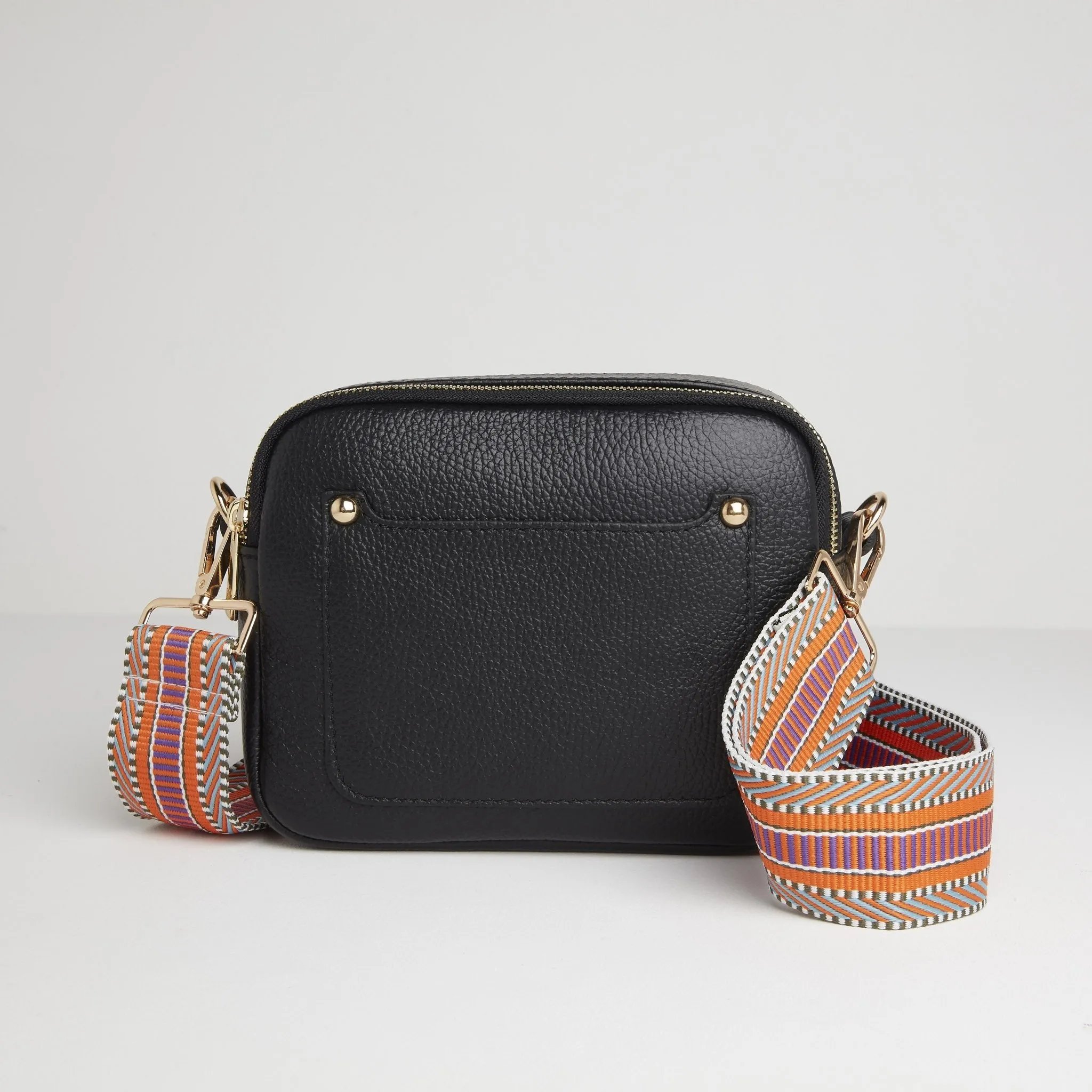 Sienna Crossbody Bag in Black with Orange Aztec Strap