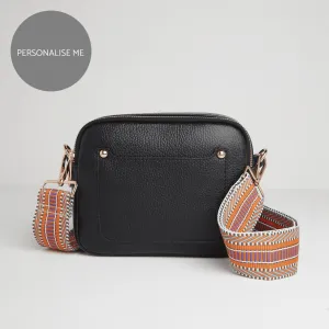 Sienna Crossbody Bag in Black with Orange Aztec Strap