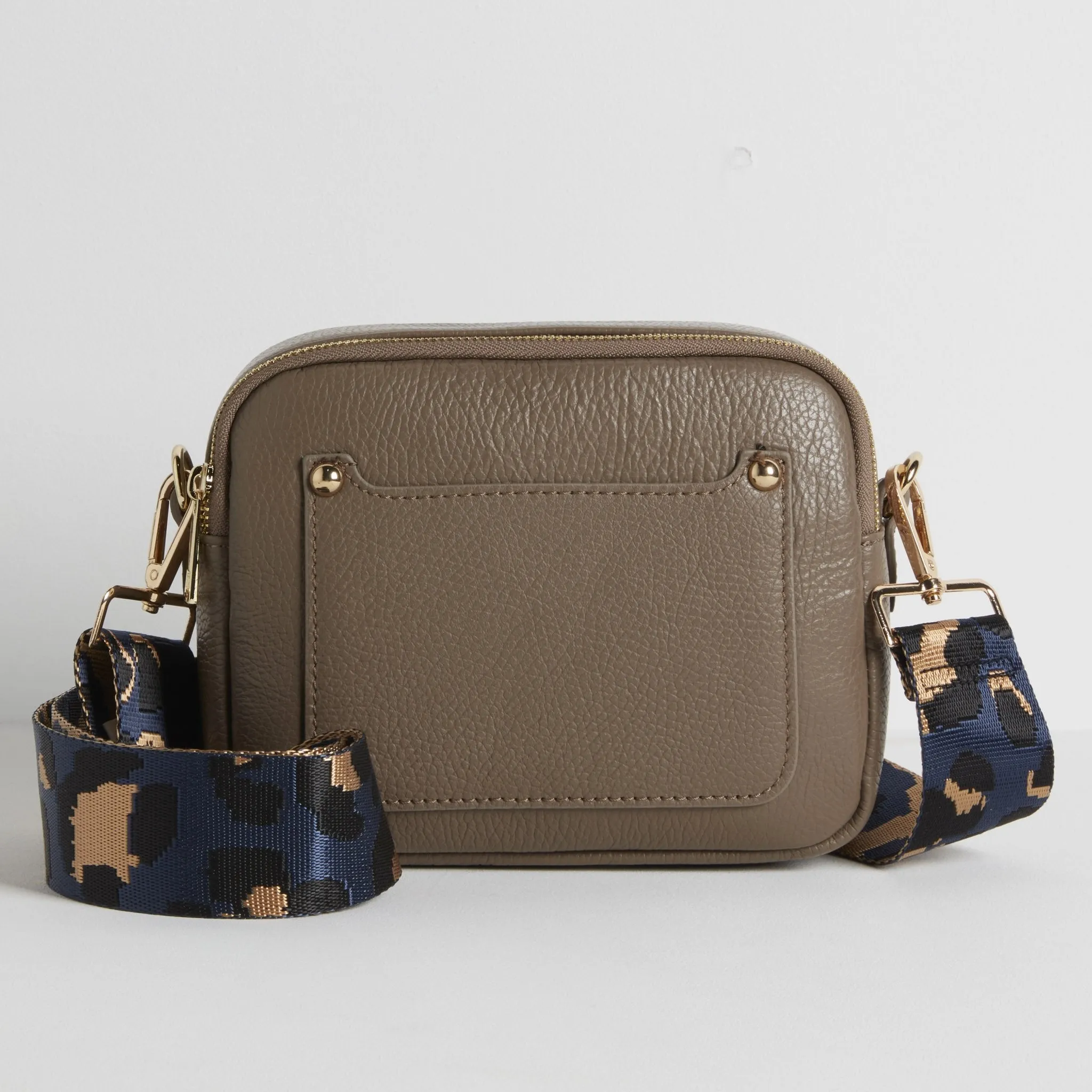 Sienna Crossbody Bag in Dark Taupe with Dark Blue Leopard Strap