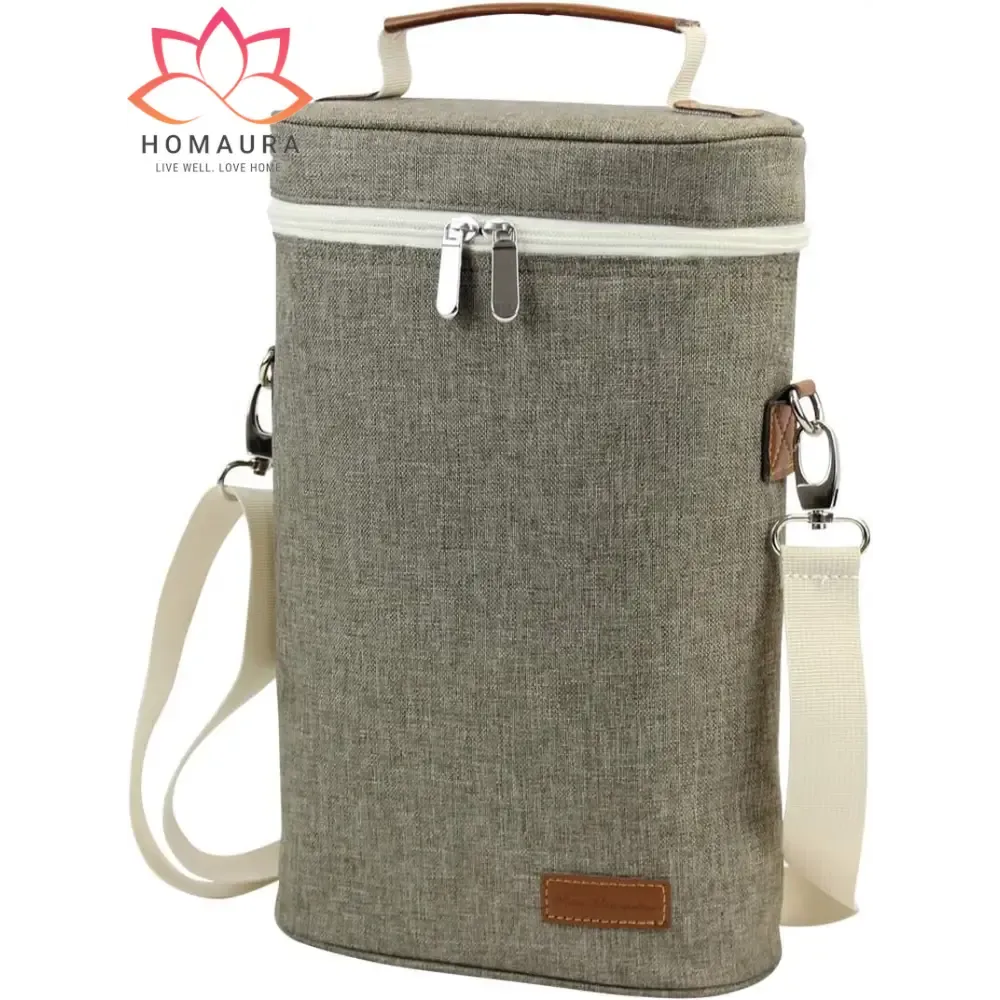 Striped Insulated Wine Tote with Leather Trim and Strap