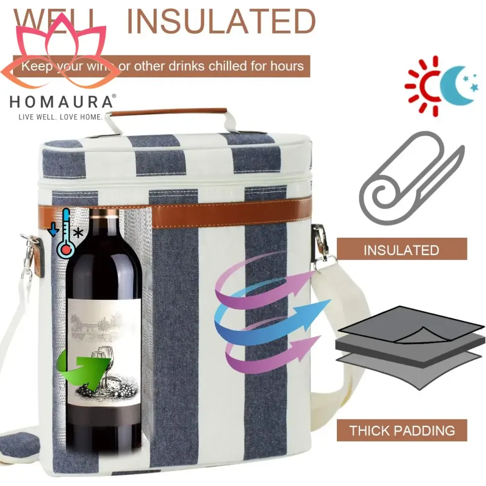 Striped Insulated Wine Tote with Leather Trim and Strap