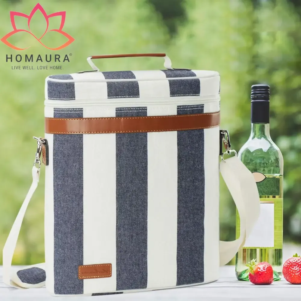 Striped Insulated Wine Tote with Leather Trim and Strap