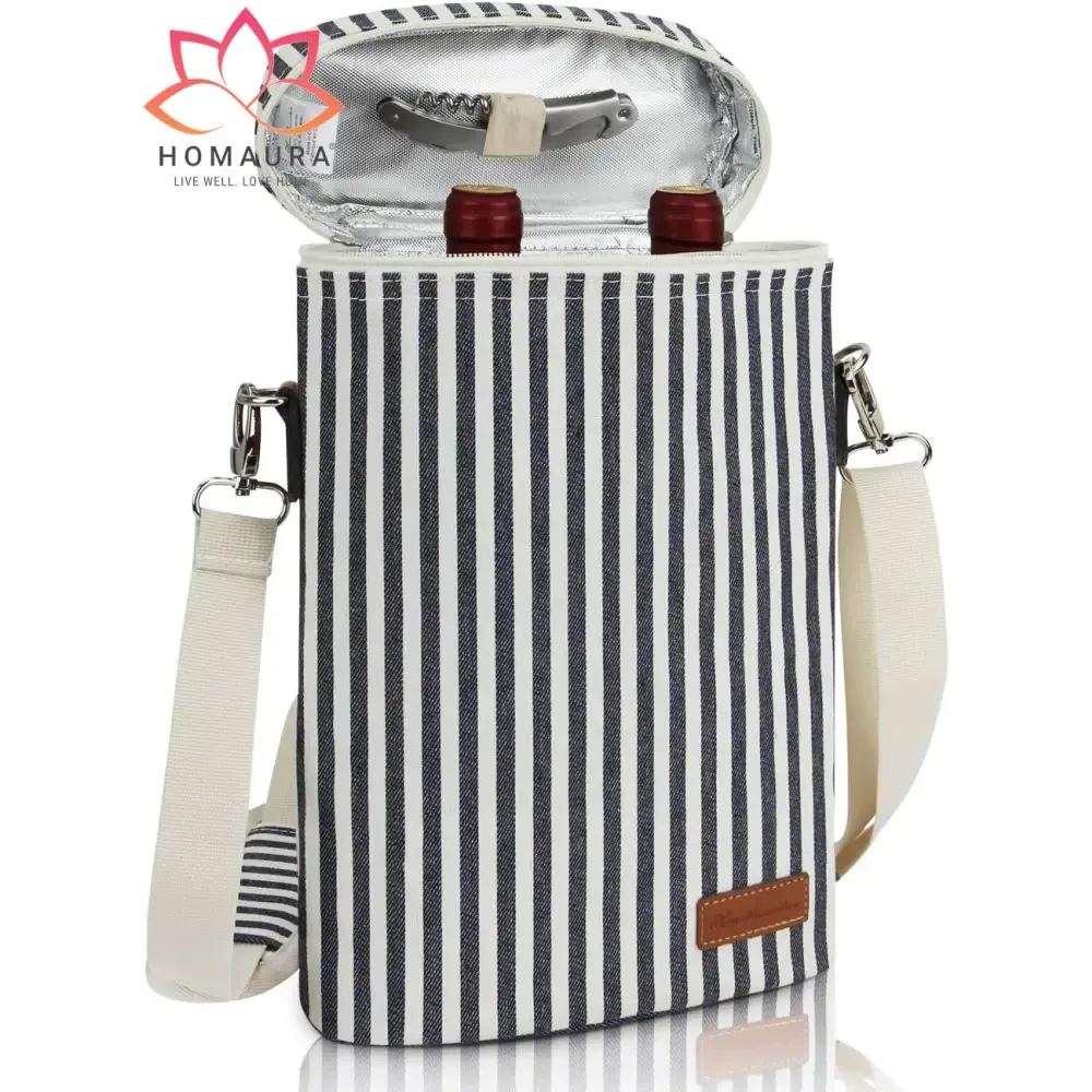 Striped Insulated Wine Tote with Leather Trim and Strap