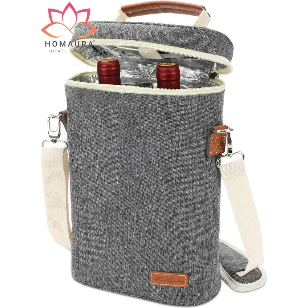 Striped Insulated Wine Tote with Leather Trim and Strap