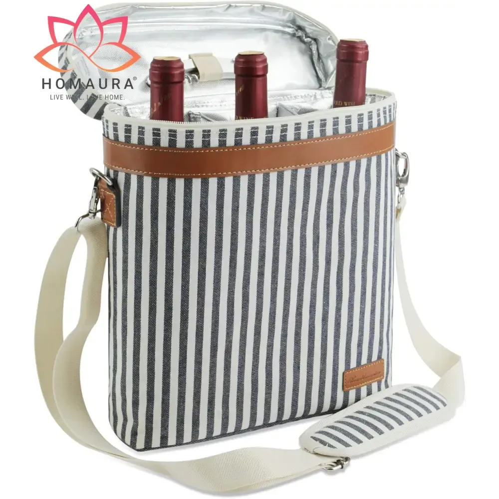 Striped Insulated Wine Tote with Leather Trim and Strap