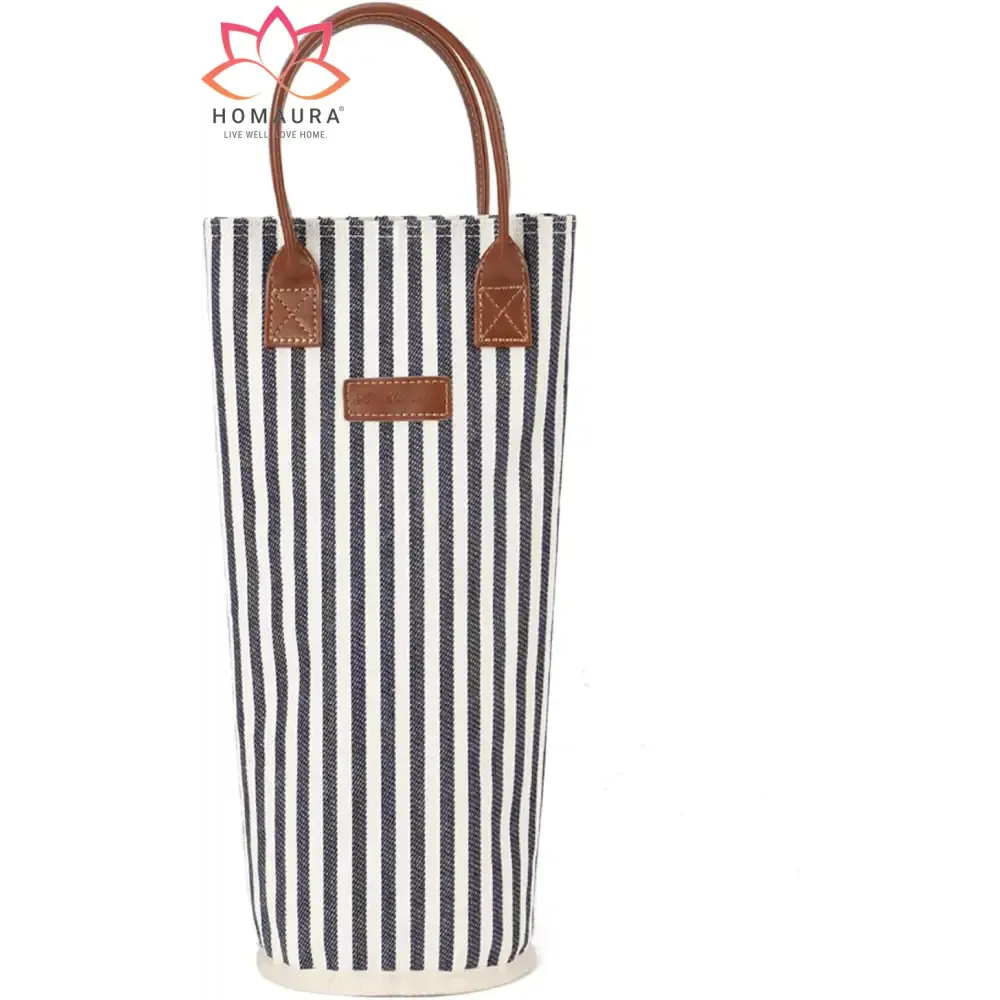 Striped Insulated Wine Tote with Leather Trim and Strap