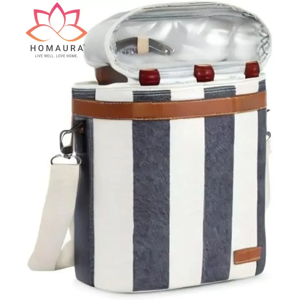 Striped Insulated Wine Tote with Leather Trim and Strap