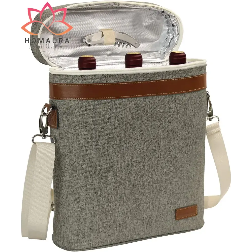 Striped Insulated Wine Tote with Leather Trim and Strap