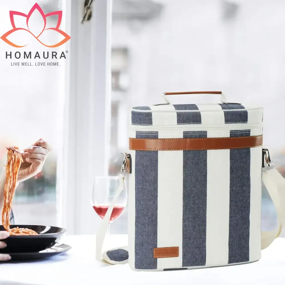 Striped Insulated Wine Tote with Leather Trim and Strap