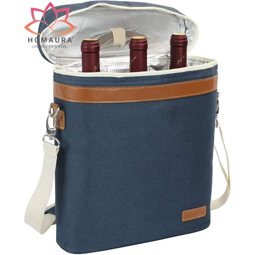 Striped Insulated Wine Tote with Leather Trim and Strap