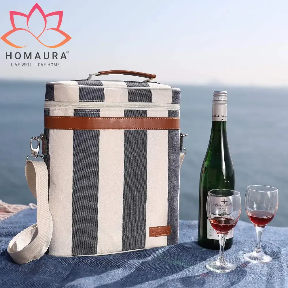 Striped Insulated Wine Tote with Leather Trim and Strap