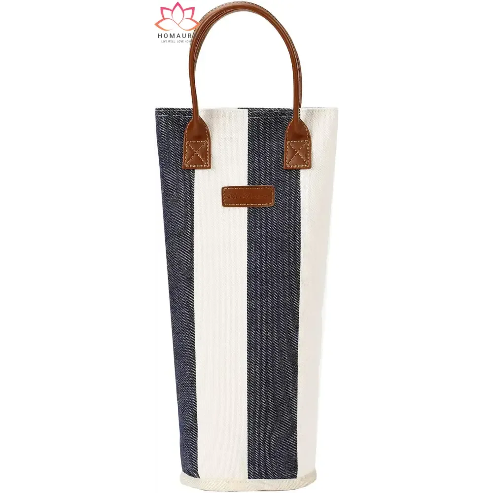 Striped Insulated Wine Tote with Leather Trim and Strap