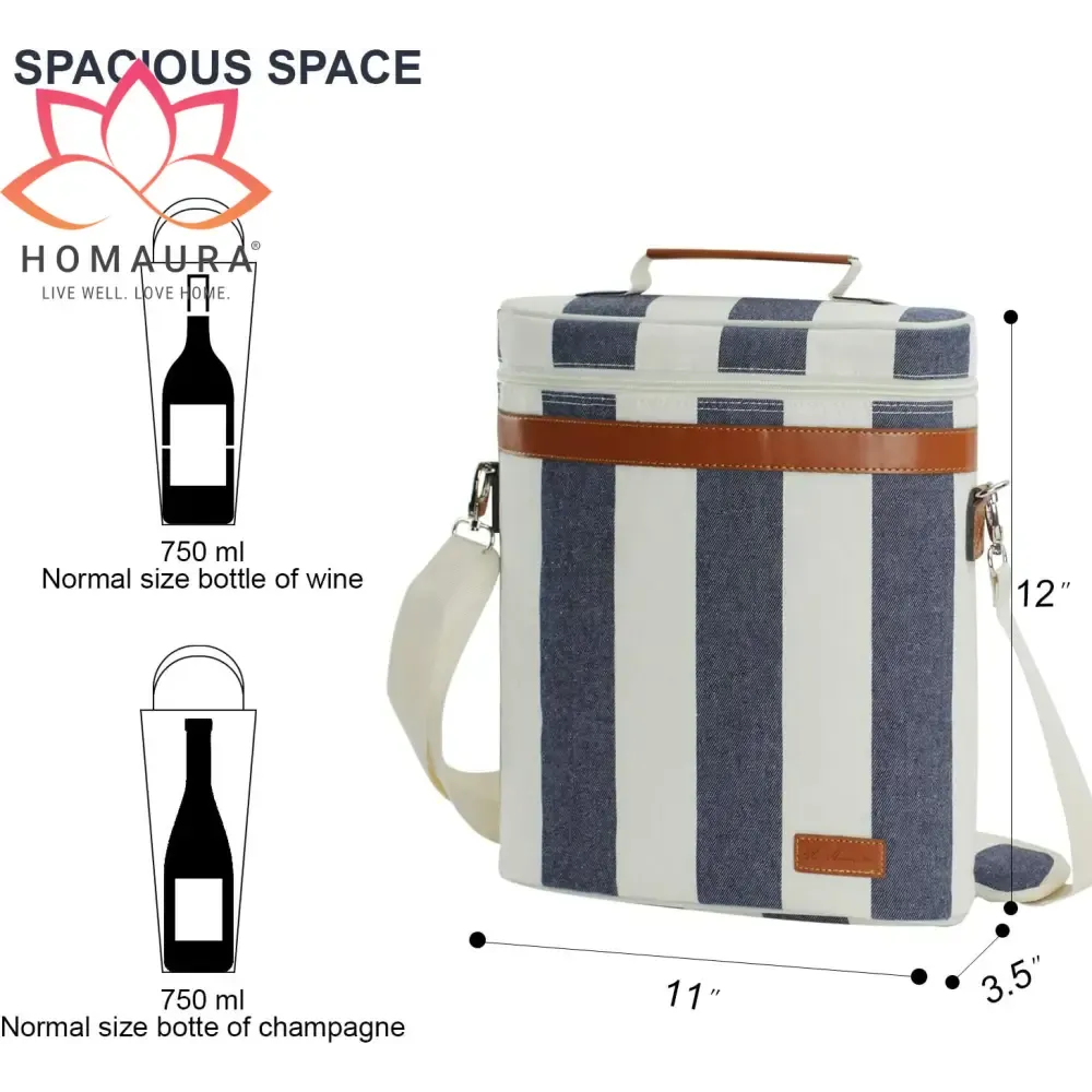 Striped Insulated Wine Tote with Leather Trim and Strap