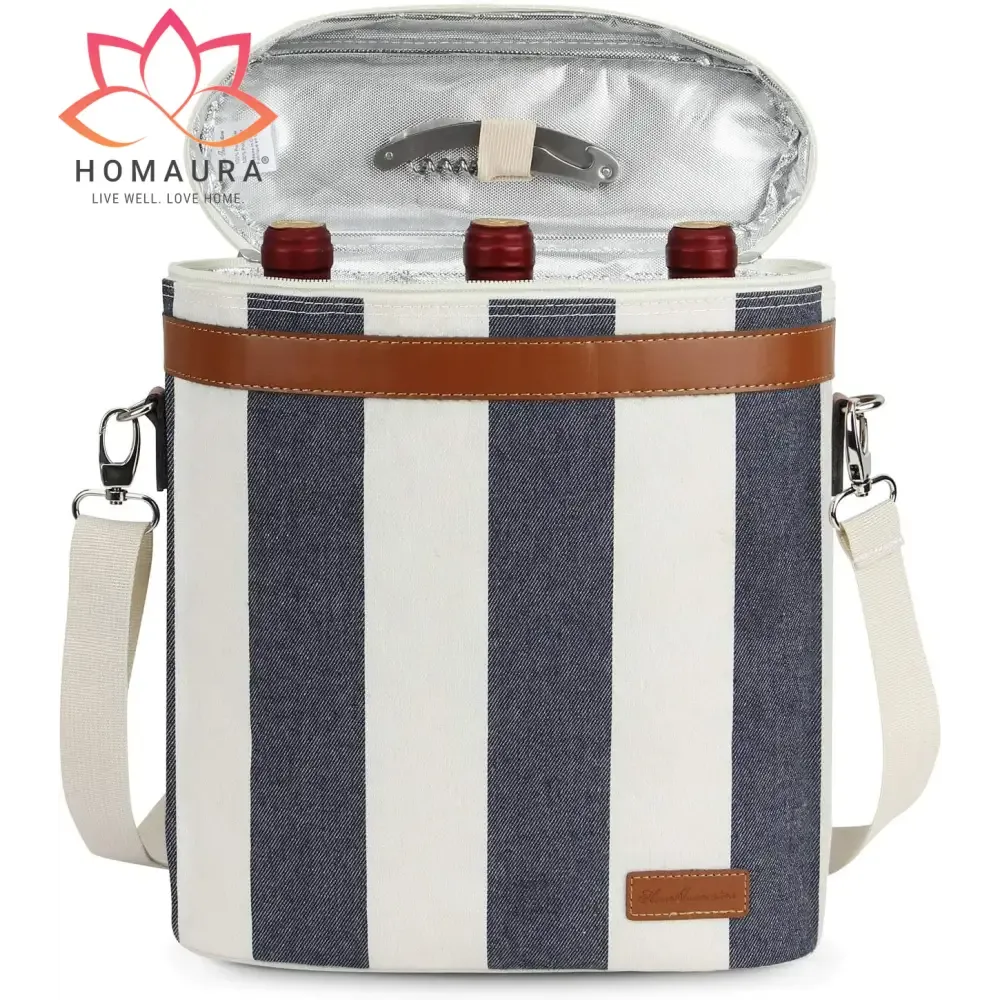Striped Insulated Wine Tote with Leather Trim and Strap
