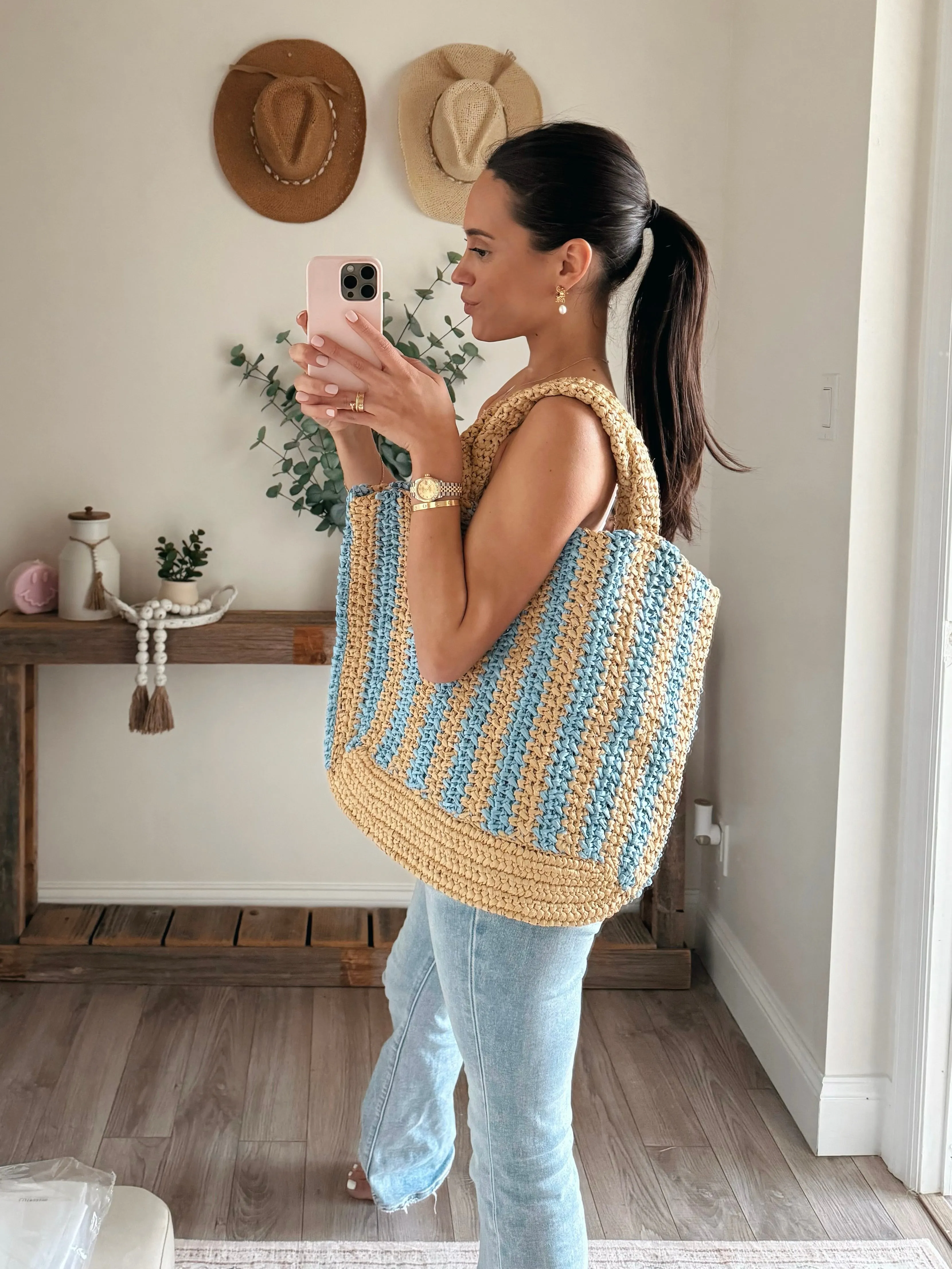 Striped Rafia Beach Tote Bag