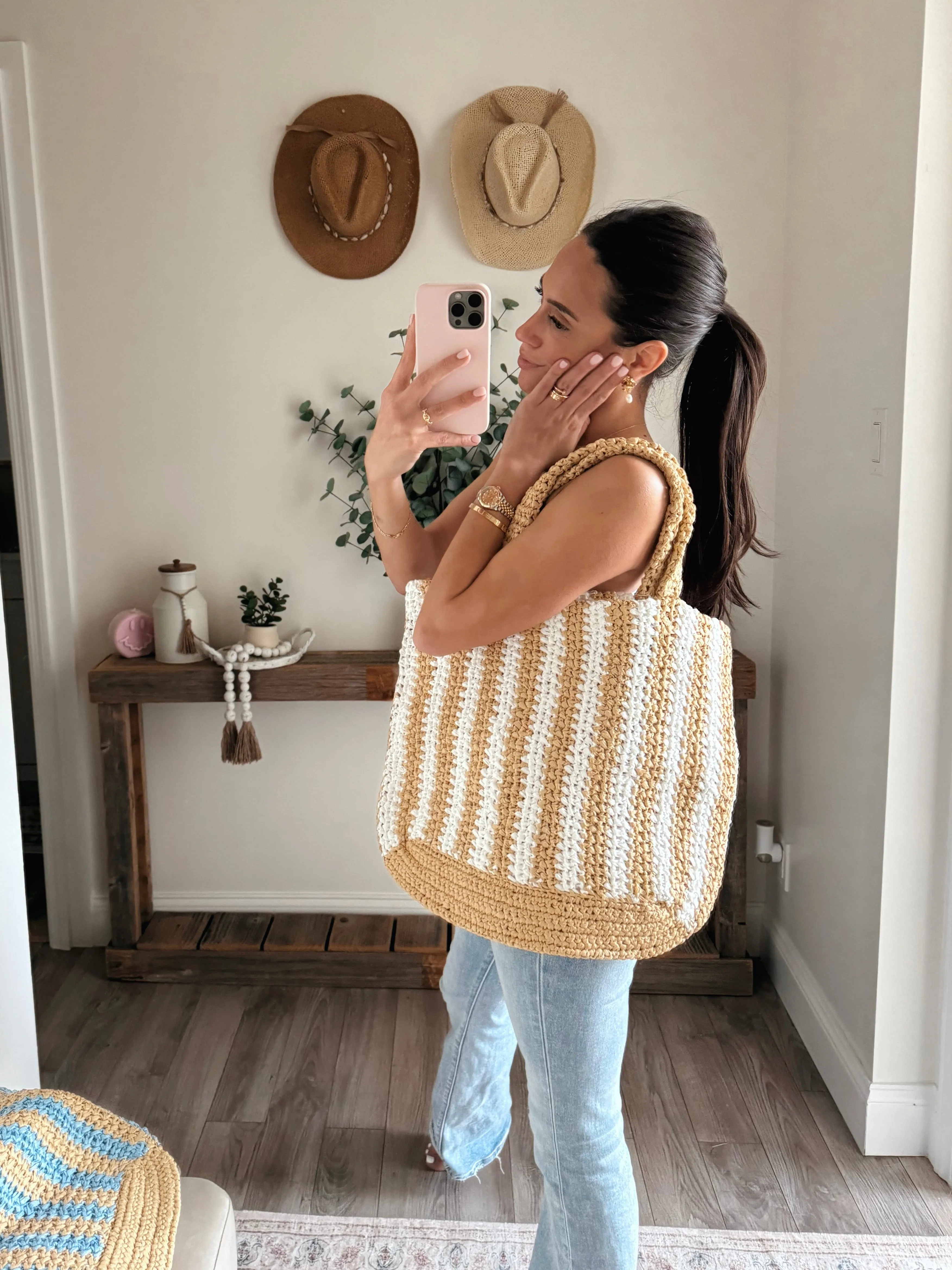 Striped Rafia Beach Tote Bag