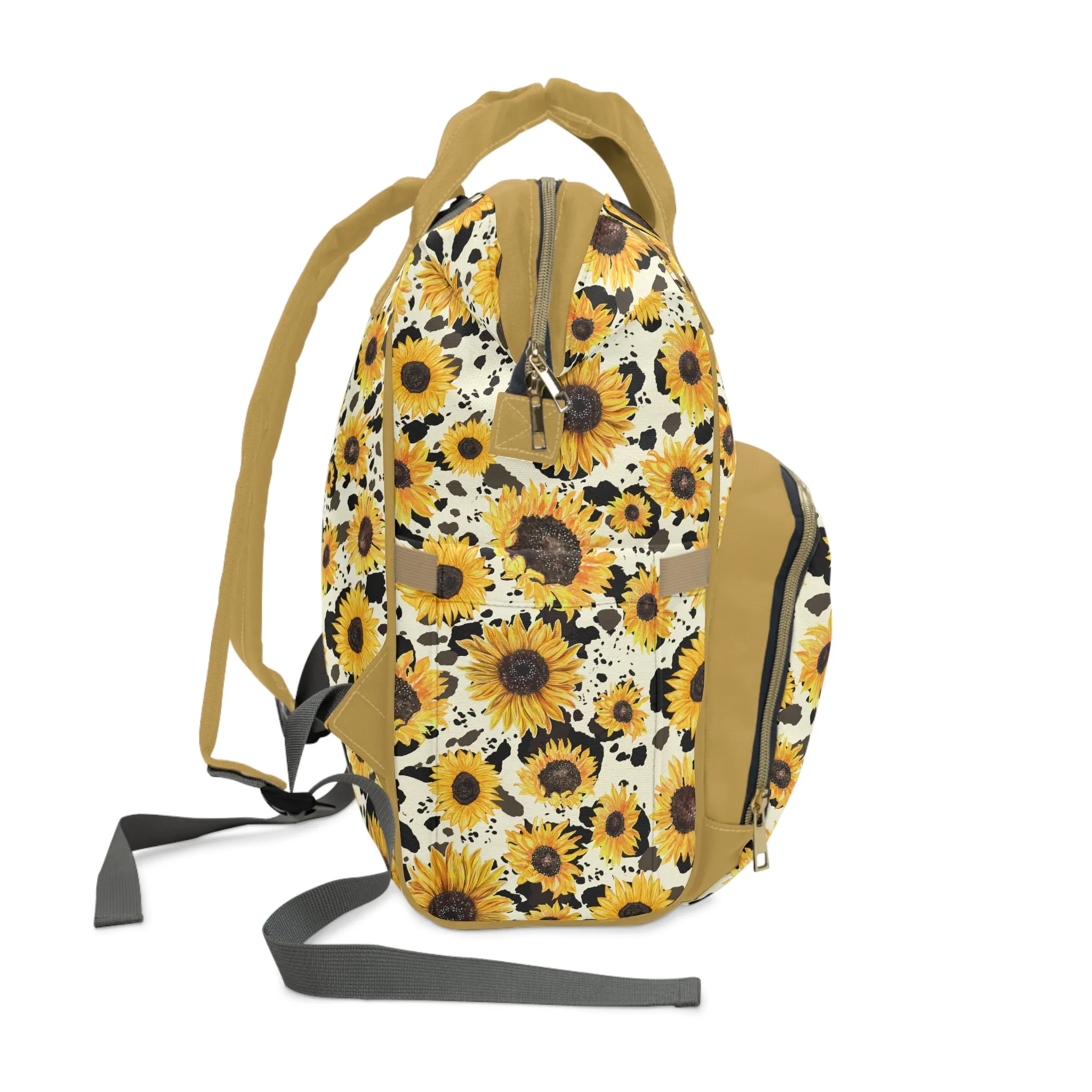 Sunflower Cow Print Diaper Backpack - Unique & Durable Diaper Tote, Perfect Blend of Style for Nature-Loving Parents